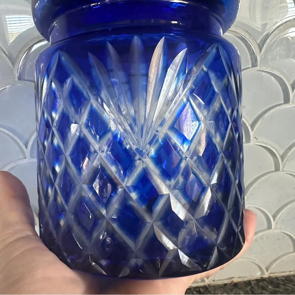 Vintage Cobalt Blue Cut to Clear Crystal Czech Bohemian Cookie Biscuit Jar